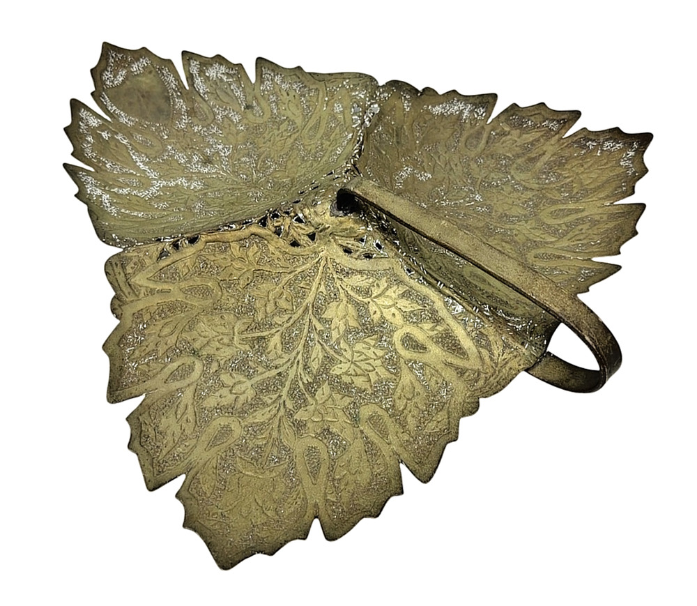 Vintage Brass Triple Leaf Catchall Trinket Dish Bowl w Handle Patina 14"